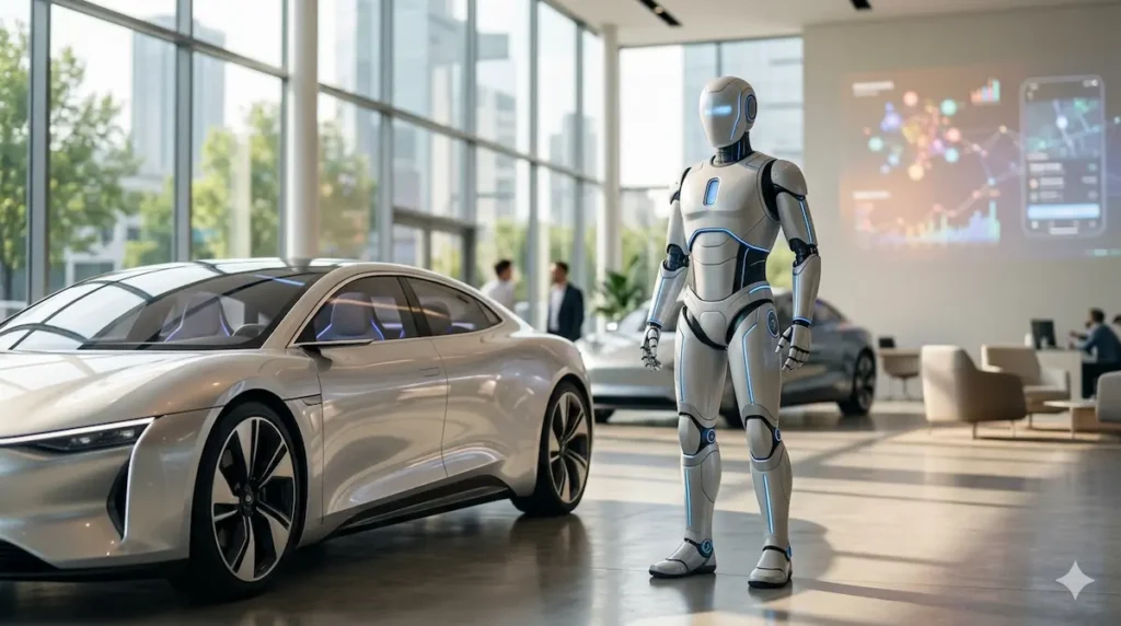 Humanoid robots standing beside an electric vehicle in a modern car dealership showroom, representing BYD, Google, and Uber's push into AI & Tech