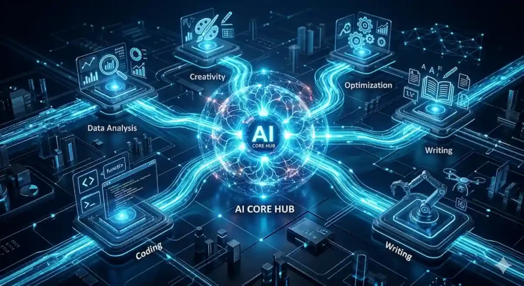 Visual representation of Agentic AI workflows and multi-agent systems showing connected digital nodes collaborating on a network