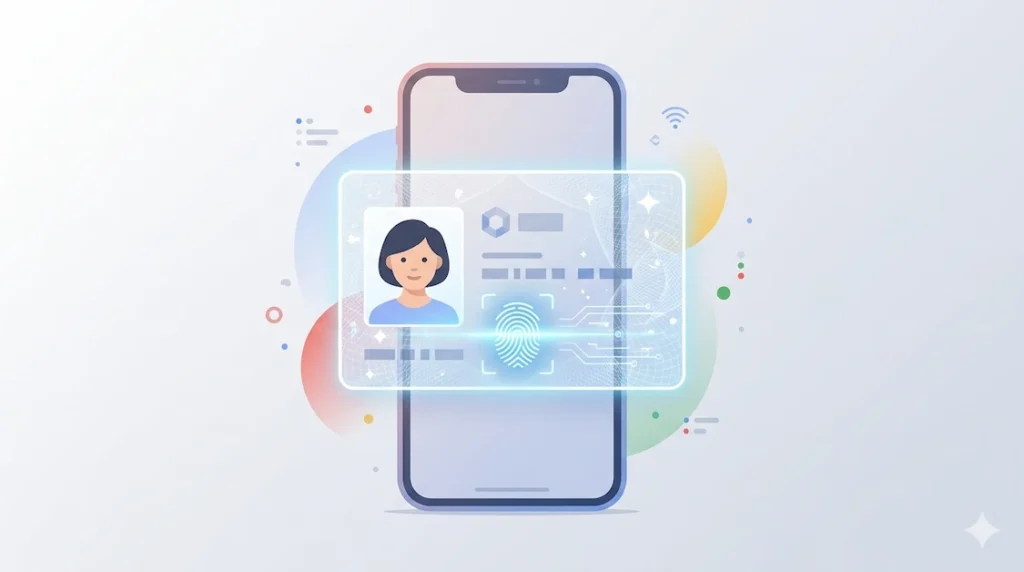 Smartphone screen showing a digital ID card with biometric scan overlay, representing AI digital identity stored in Google Wallet