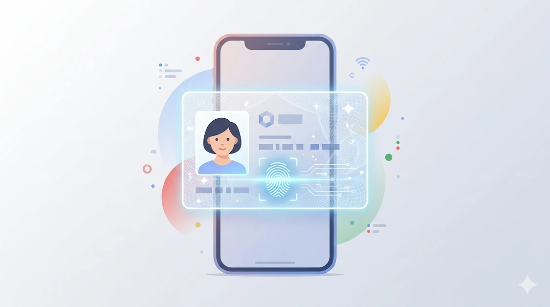 Smartphone screen showing a digital ID card with biometric scan overlay, representing AI digital identity stored in Google Wallet
