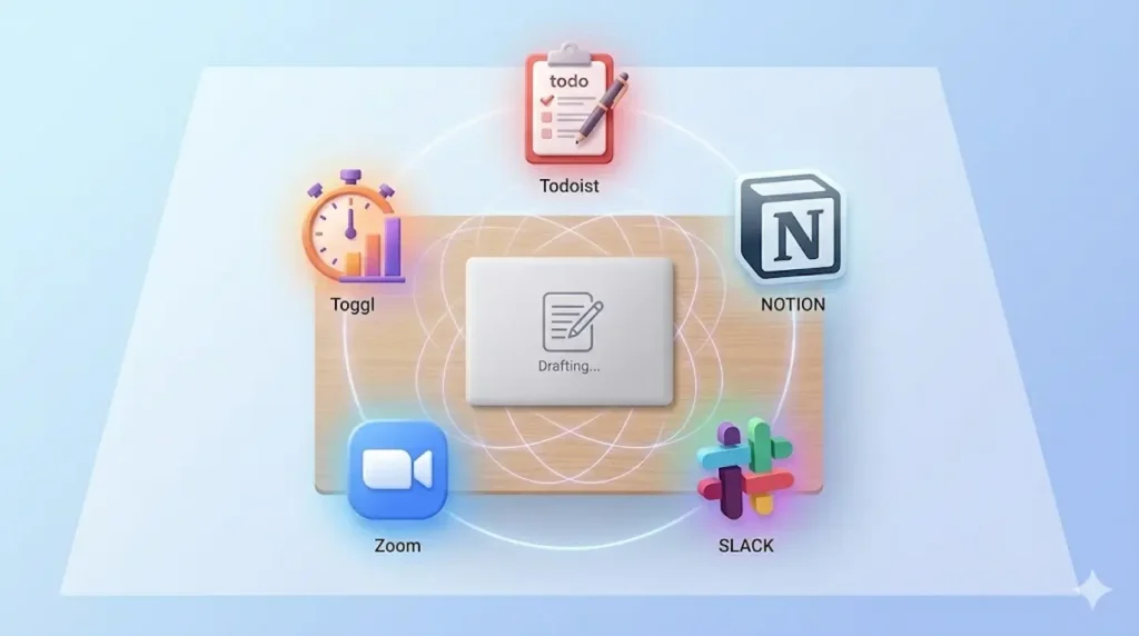 Best productivity apps 2026 — top tools dashboard on laptop and smartphone flat lay