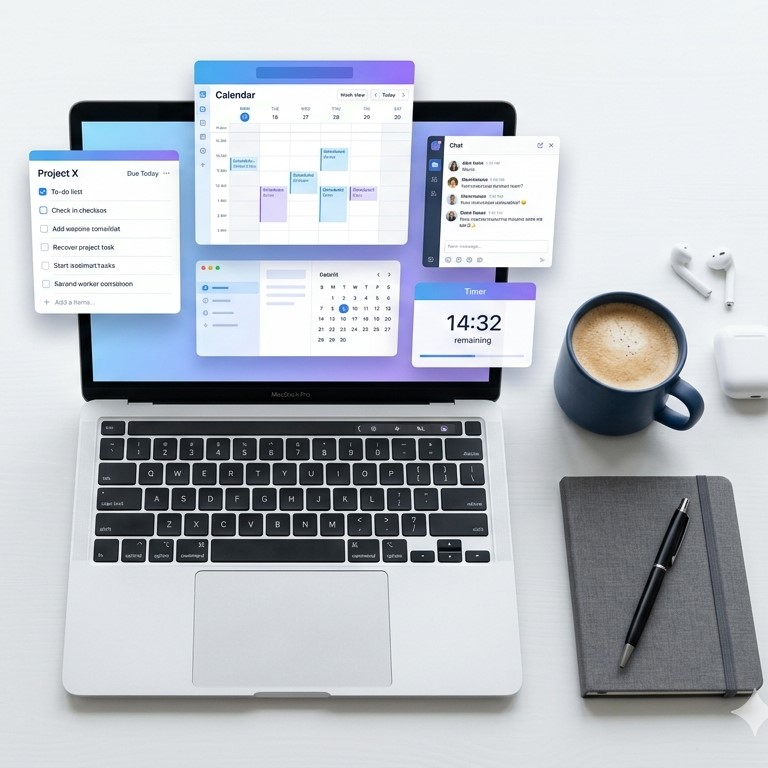 Best productivity apps 2026 displayed on a MacBook Pro screen — showing a task manager, calendar, chat app, and timer, alongside a coffee mug, AirPods, and notebook on a clean white desk.